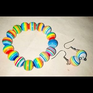 MULTI COLORED BEADED STRETCHY BRACELET AND EARRINGS SET